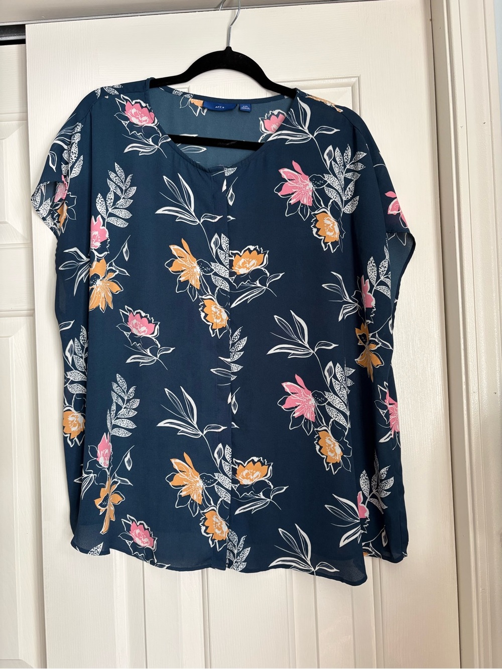 Apt. 9 Navy Floral Short Sleeve Blouse with Pink & Mustard Flowers